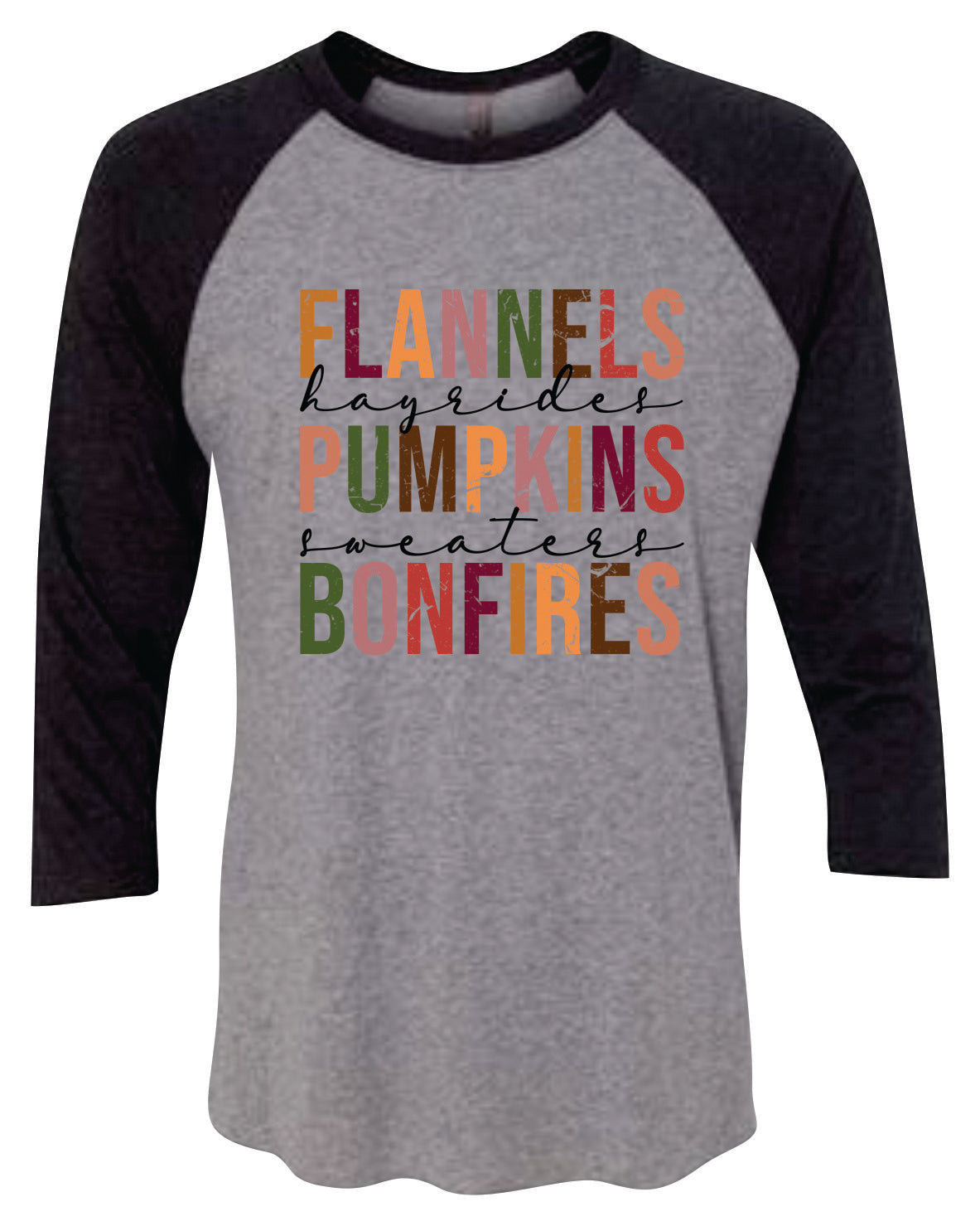 Flannels Pumpkins Bonfires Raglan 3/4 Sleeve Graphic Shirt