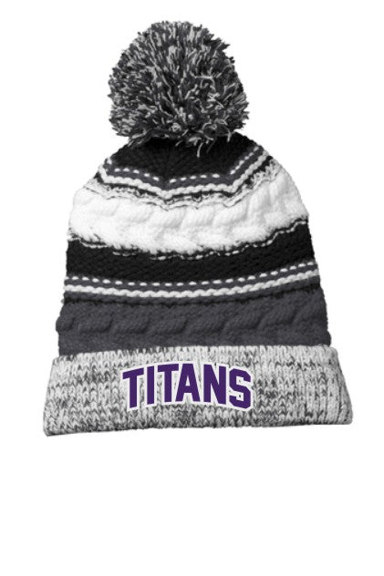 Triway Titans Striped Pom Pom Cable Knit Beanie with Cuff
