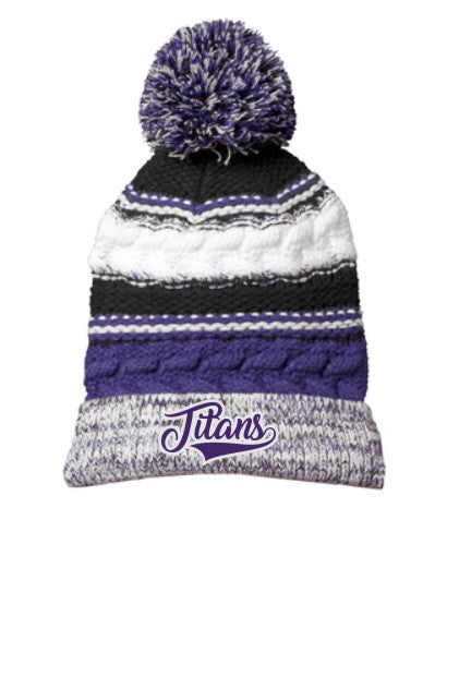 Triway Titans Striped Pom Pom Cable Knit Beanie with Cuff