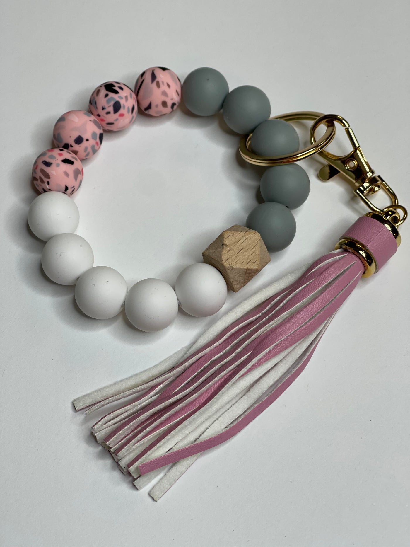 gray, white pink pattern silicone bead bracelet keychain pink tassel